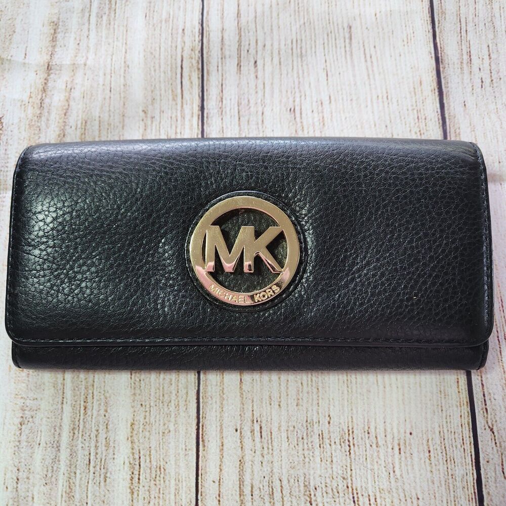Michael Kors MK Fulton Envelope Wallet Black Clutch 8x4 Large Pebble Leather